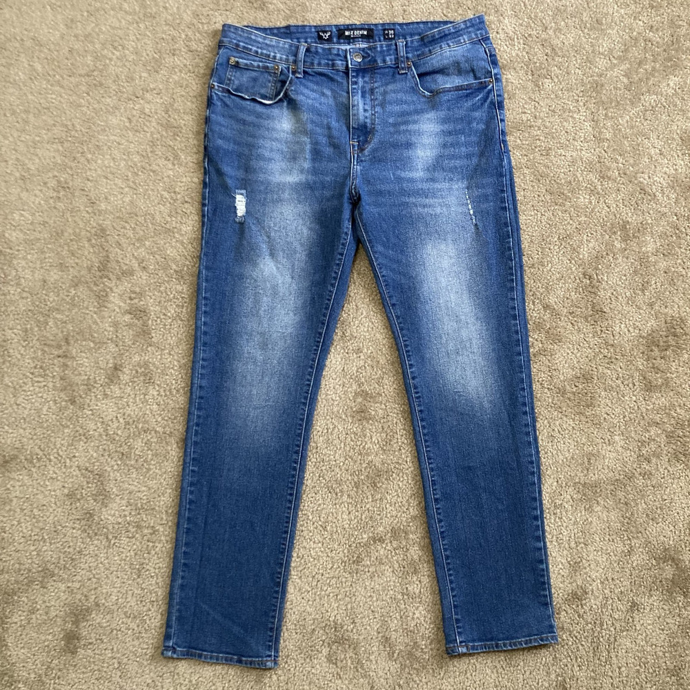MBX Jeans Men's 36x32 Athletic Fit Slim Straight Stretch Distressed Medium Wash